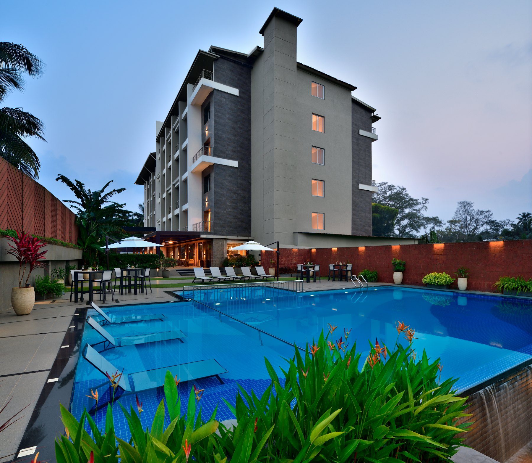 The hotel at dusk